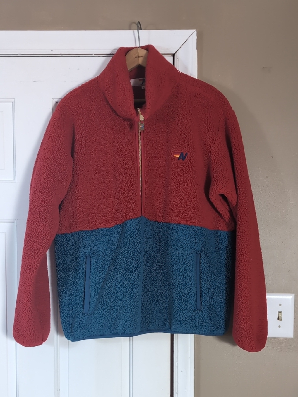 Aviator Nation Teddy Unisex Half Zip Color Block Jacket In Cherry Large - Picture 2 of 9